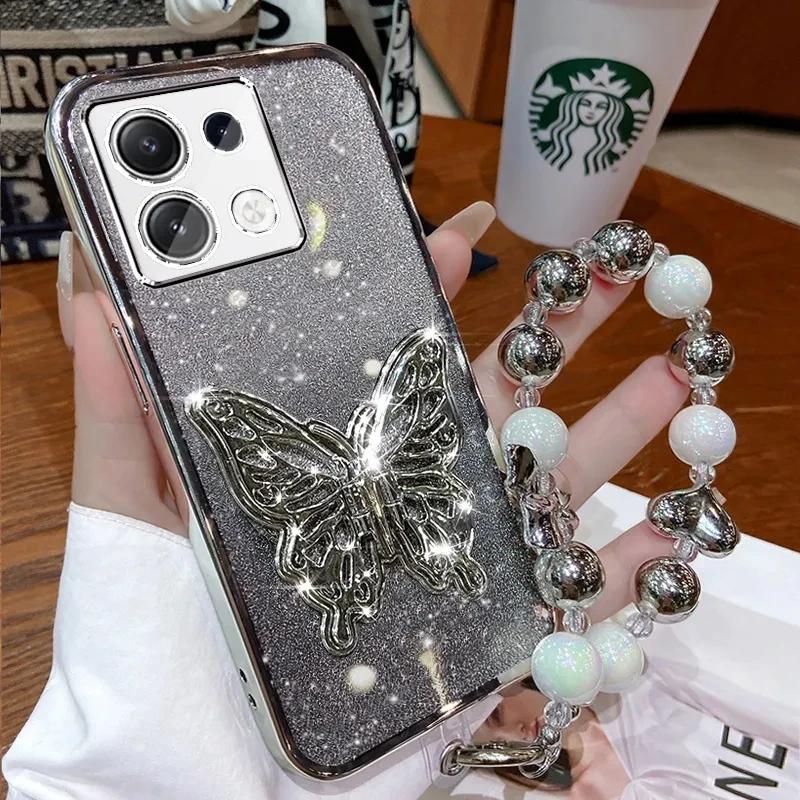 3D Butterfly Phone Holder Bead Bracelet Glitter Plating Case for Xiaomi Redmi Note 13 12 11 10 9 8 11S 10S 9S Pro Plus 4G 5G