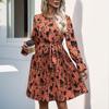Women's Fashion Spring Fall Flower Pattern Print Long Sleeve O-Neck Middle Waistline Casual Dresses