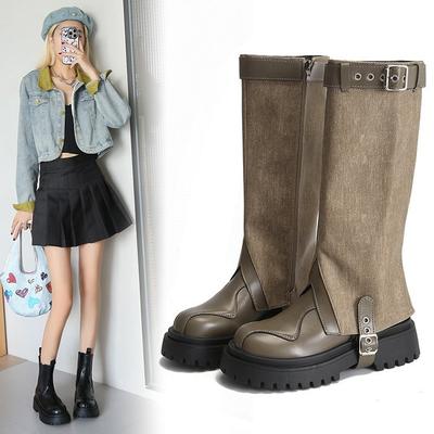 Женские джинсовые ботфорты 2025 новинка два способа носки брючная труба ботинки-сигареты на толстой подошве тонкие высокие рыцарские сапоги