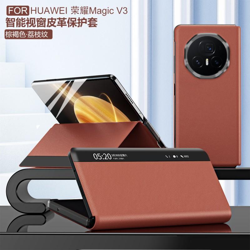 Slim Leather Case With Smart View Window Honor Magic V3 Foldable Phone Shockproof Stand Cover In Multiple Colors