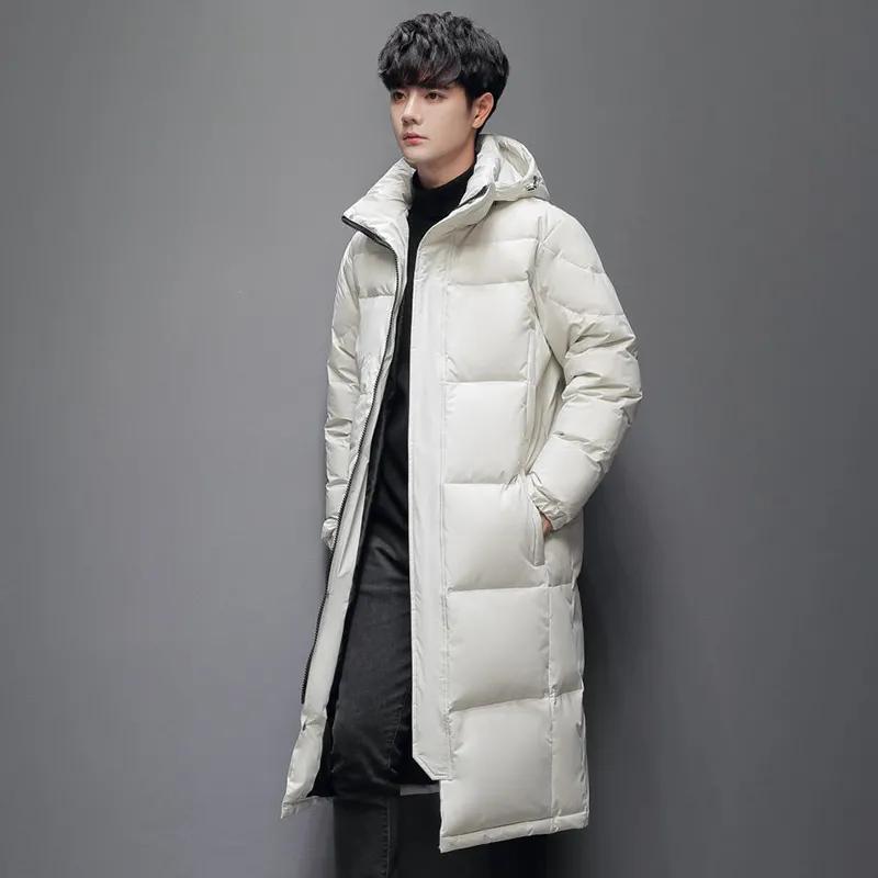 Зимние мужские длинные пальто на утином пуху с капюшоном повседневные пуховики мужские уличные ветрозащитные теплые куртки мужская одежда средняя и длинная одежда для пар