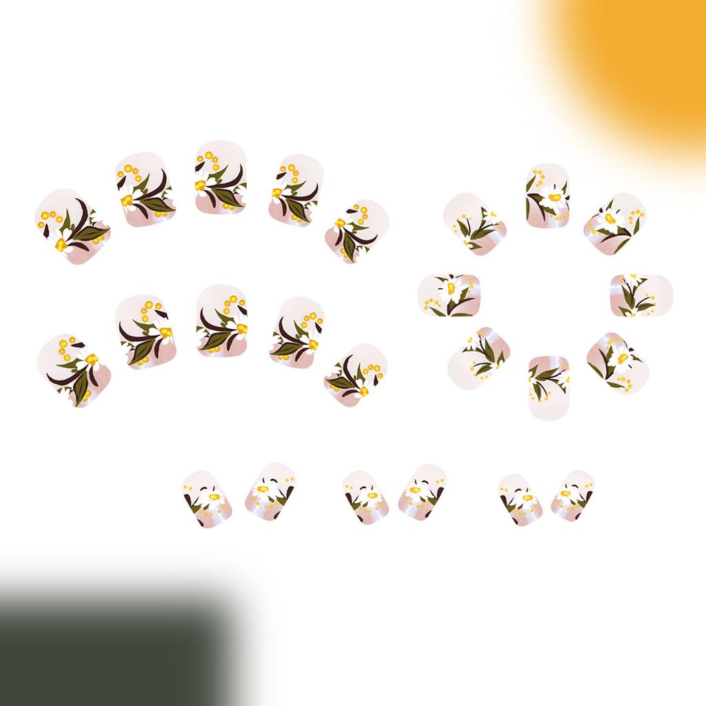 24 шт. Накладные ногти с французским кончиком, короткие квадратные, с цветами, акриловые, с блестками, полное покрытие, наклейки для ногтей