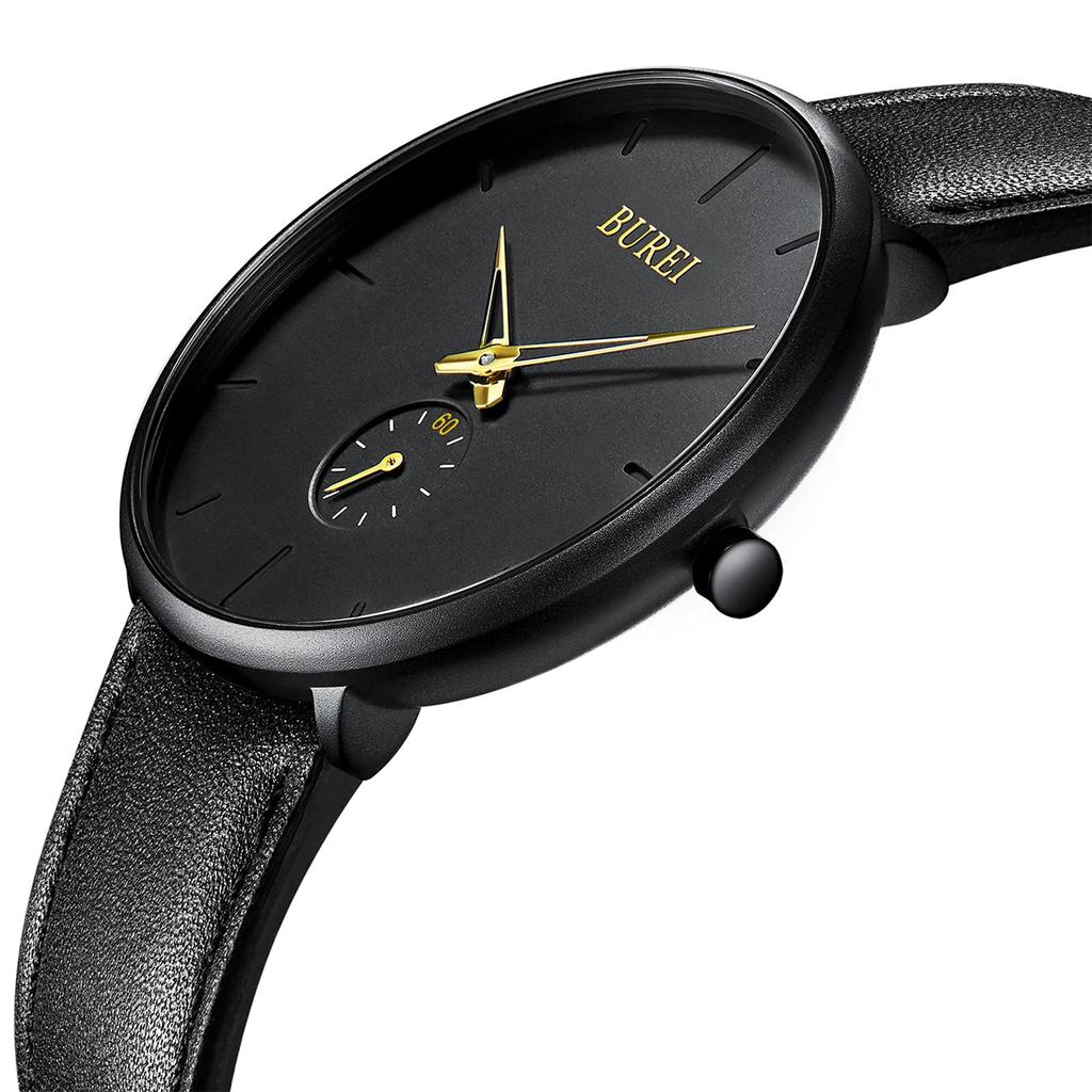 BUREI Men's Black Watch, Simple, Stylish, Popular, Waterproof, Designer Watch (Black-Gold, Leather)