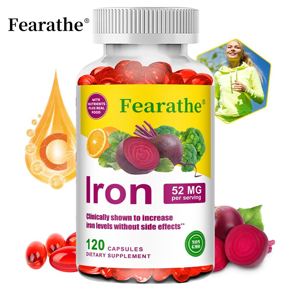 Fearathe Iron Supplement, Fermented Iron Bisglycinate, with Vitamin C, Folate, Vitamin B12, Organic Beetroot, 120 Capsules