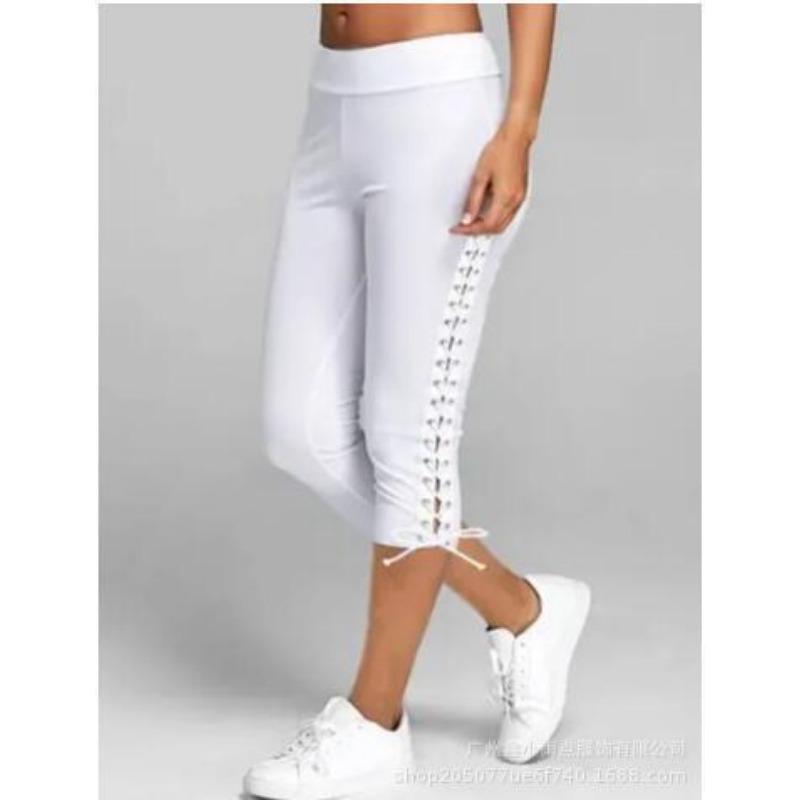 Womens Slim Fit Eyelet Lace Up Capri Leggings Multi Color