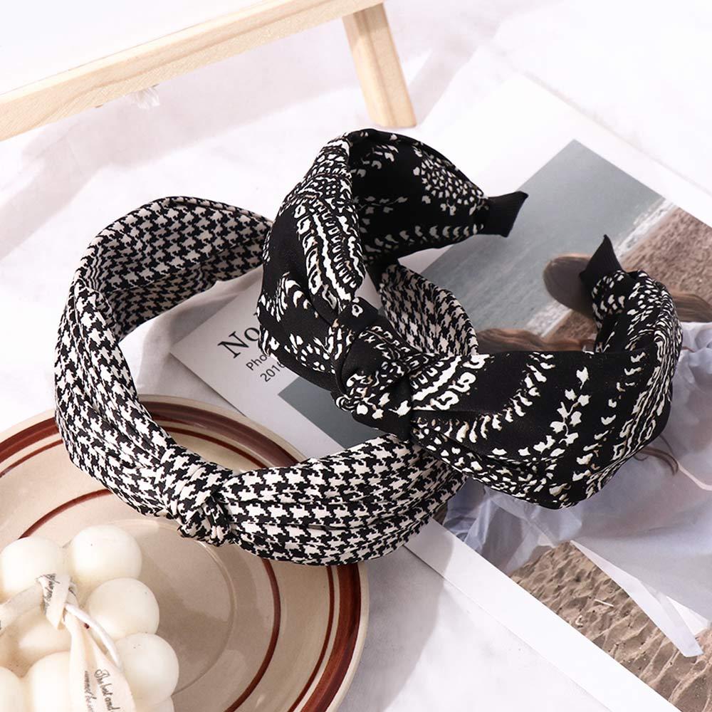 Flower Check Lattice Wide Side Korean Head Wrap Knot Headband Women Hair Hoop Grid Hairbands