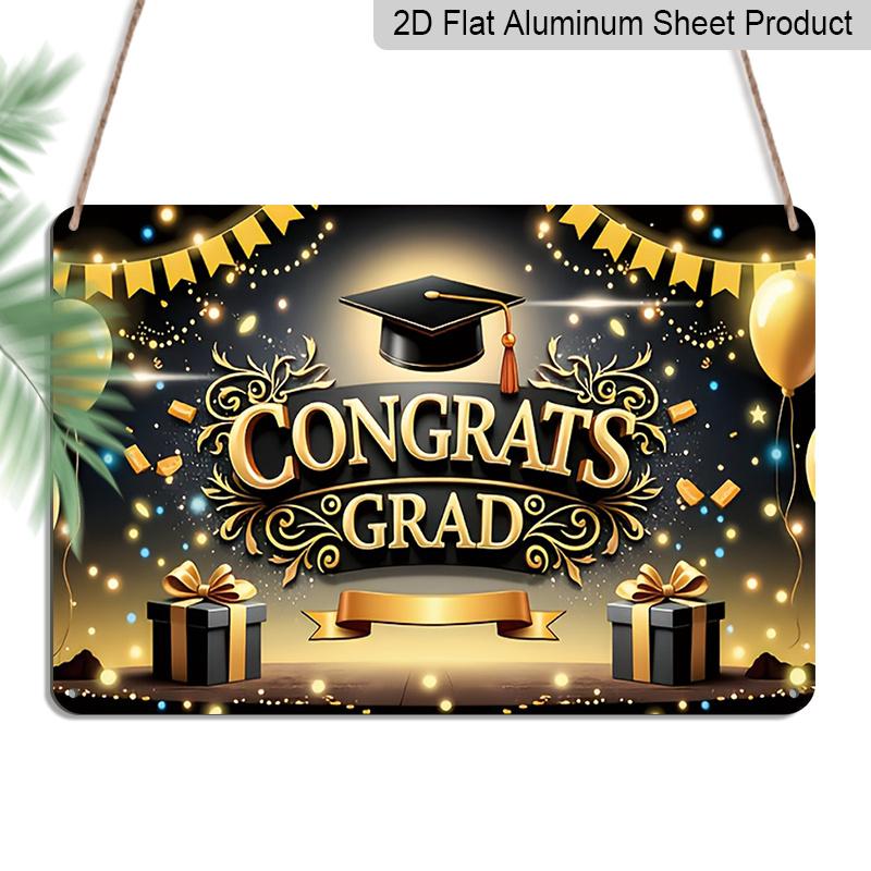 2D Flat, 1pc "Congrats Grad" Graduation Plaque - Black & Gold Graduation Decor Sign with Cap & Balloons, Black & Gold - Aluminium Wall Hanging