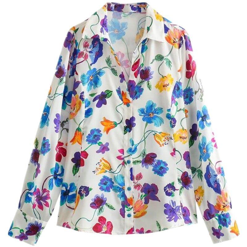 Fashion Style 2024 Spring New Women's Clothing Temperament Wild Florals Print Satin Shirt 2603121 330