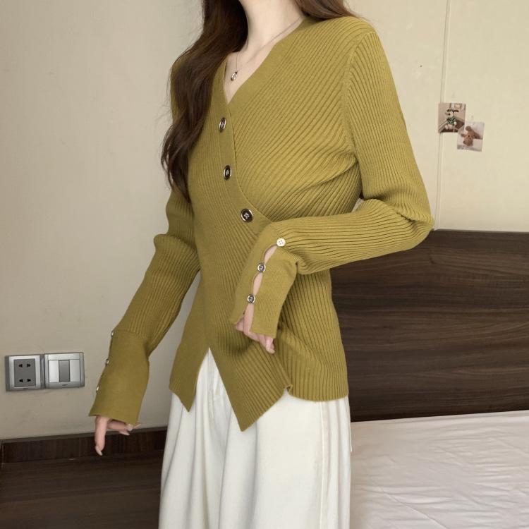 Корейский Kpop однотонные свитера с v-образным вырезом, осенние топы с тонкой талией и разрезом, женские вязаные пуловеры с длинными рукавами