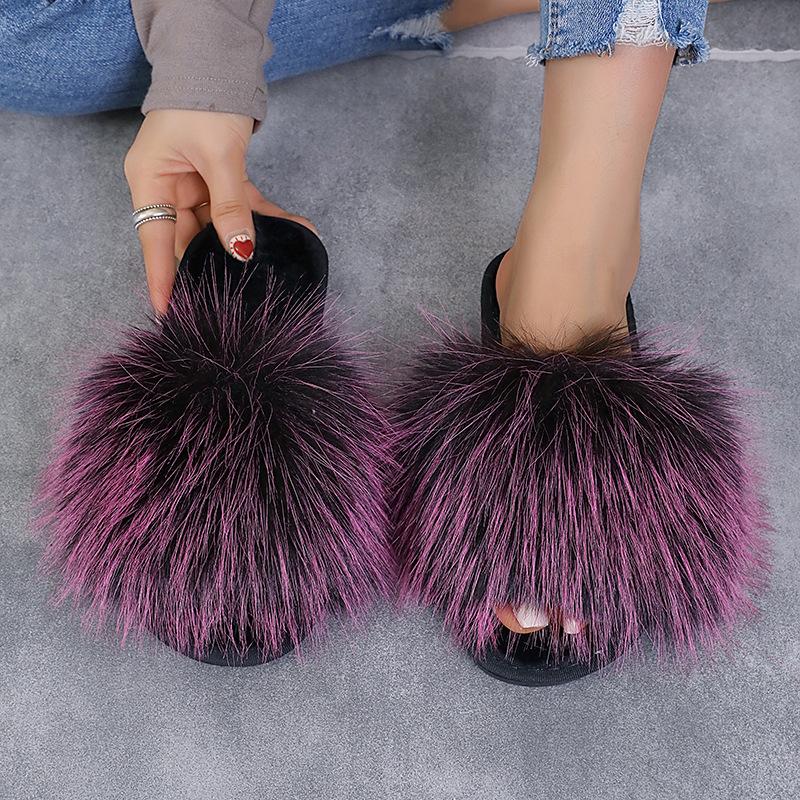 Summer Women Fur Slippers Woman Fluffy Raccoon Fox Fur Slides Female Furry Outside Flat Flip Flop Ladies Rainbow Slip On Sandals