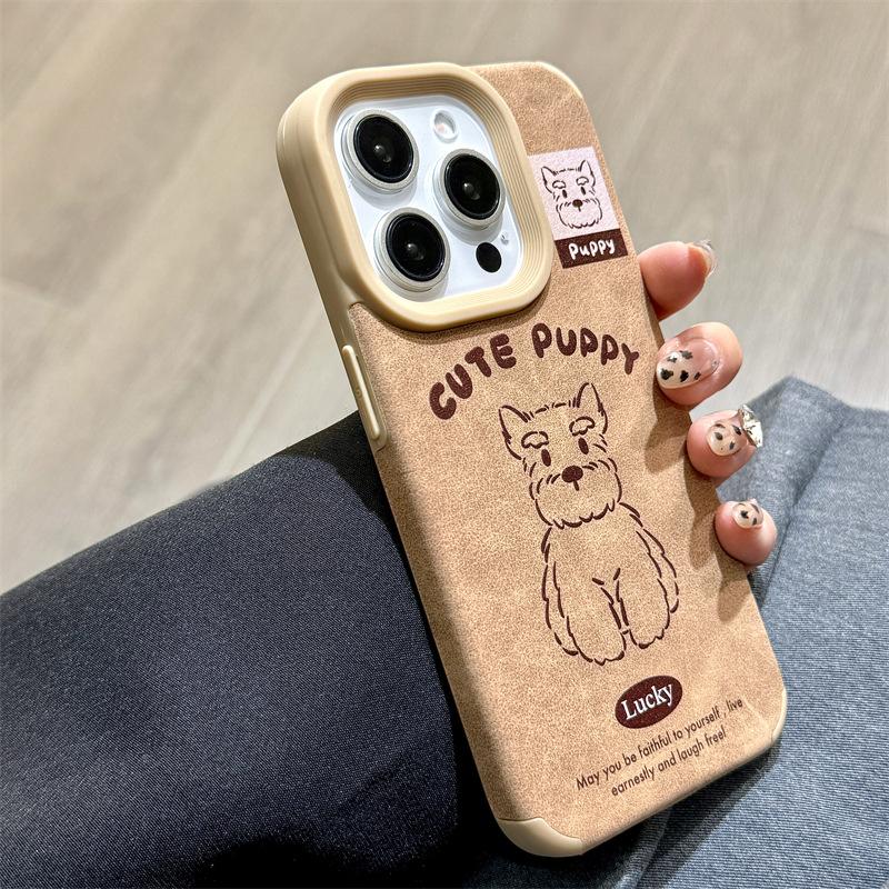 Autumn and Winter Brown Leather Cute Schnauzer Golden Retriever Dog for IPhone16promax for IPhone 14 Mobile Phone Case 15