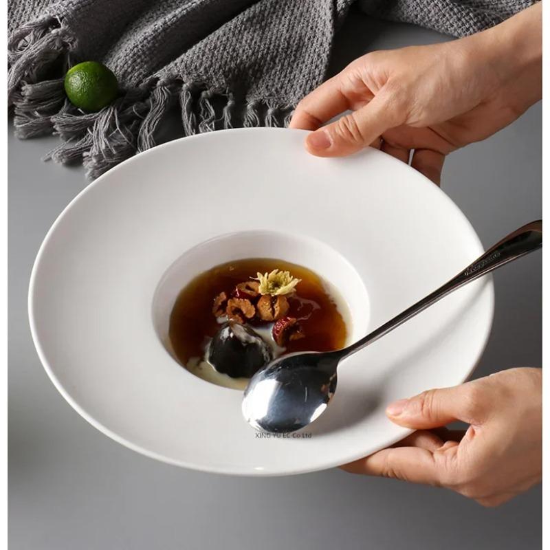 Белая керамическая тарелка, гостиничная посуда, тарелка в форме соломенной шляпы, десертная тарелка, европейская тарелка для пасты и супа, набор круглых глубоких тарелок для дома