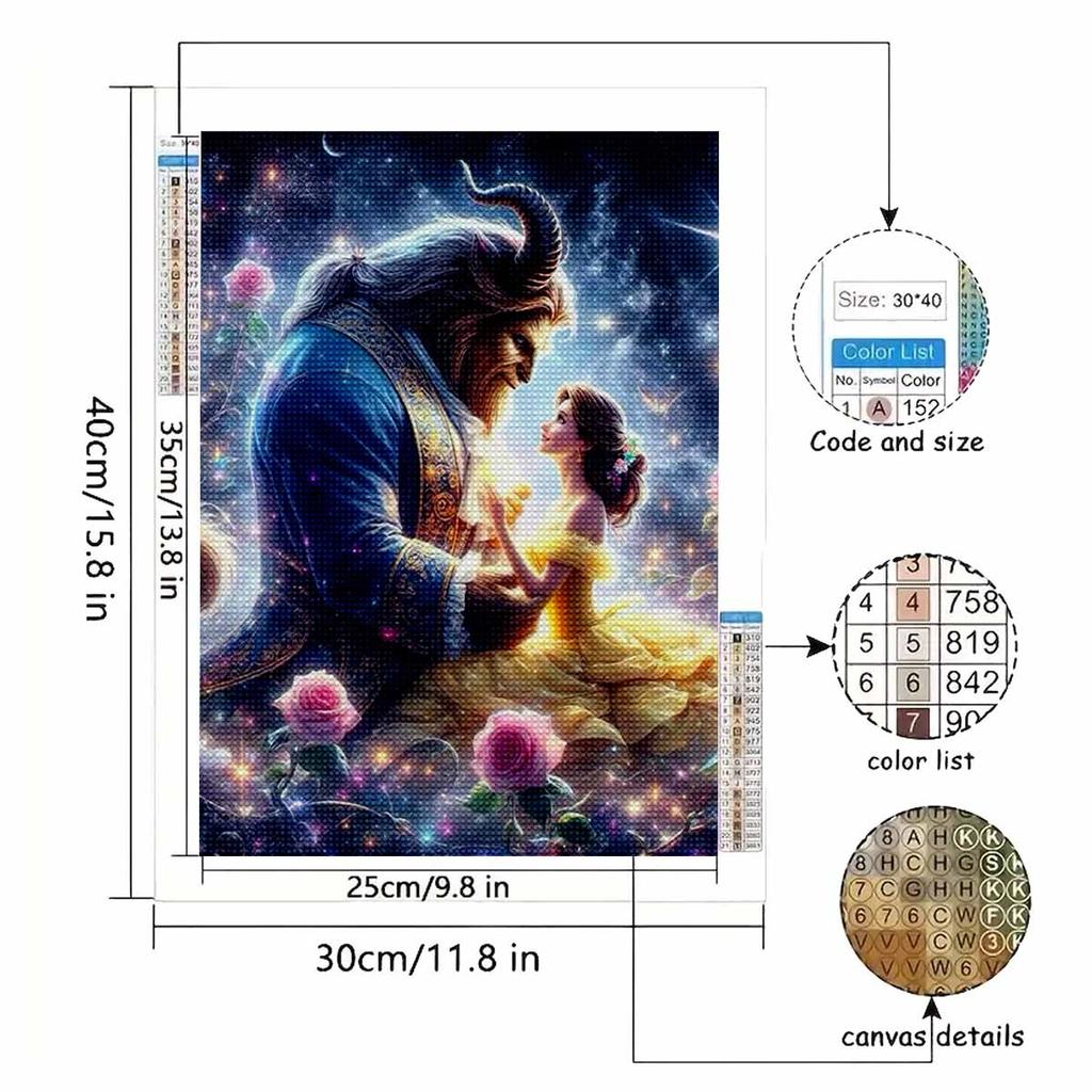 5D DIY Diamond Art Painting Kits for Adults,  Princess and The Beast Full Round Crystal Diamond Kits for Beginner for Home Wall Decorate