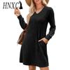 Women's Fashion Autumn Winter Solid Color Print Long Sleeve V-Neck  Casual Dresses