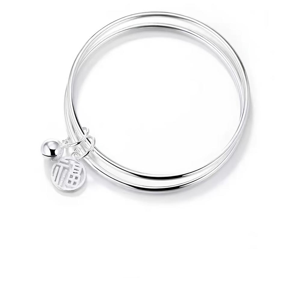 S999 Silver Double Layered Lucky Brand Bell Bracelet, Plain Ring Bracelet, National Style Retro, Small and Popular Design, Advanced Handicraft