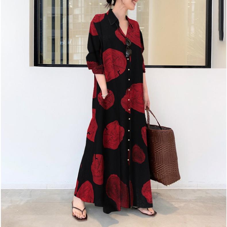 GMXIA Large Size Cotton and Linen Print Lapel Long Sleeve Simple Loose Casual Long Shirt Dress