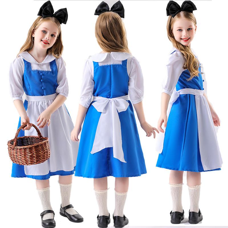Лолита милая девушка косплей горничная синее платье головной убор наряд маскарадный костюм Хэллоуин карнавал фестиваль вечеринка