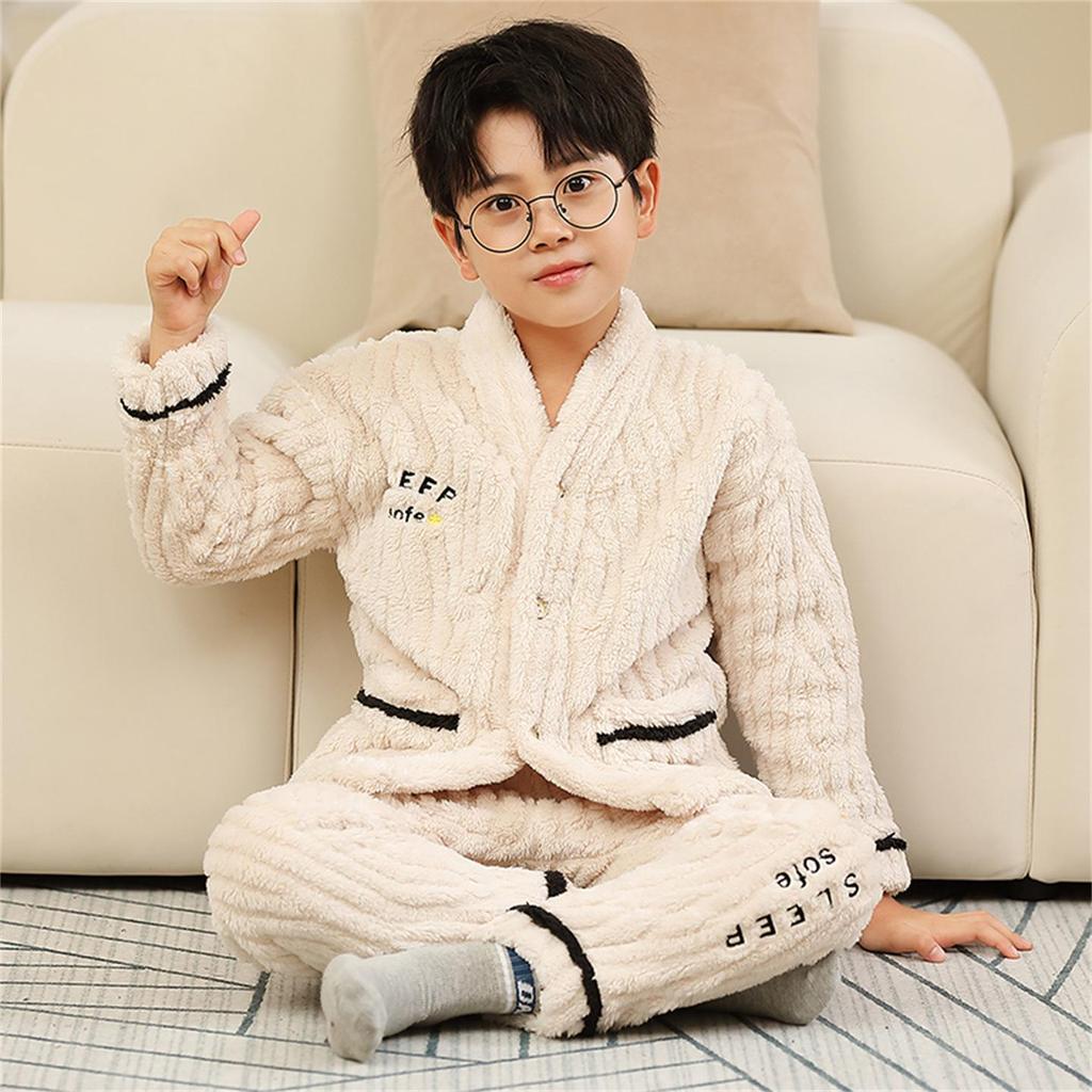 Boys' Coral Fleece Pajama Set - Velvet Flannel for Fall/Winter