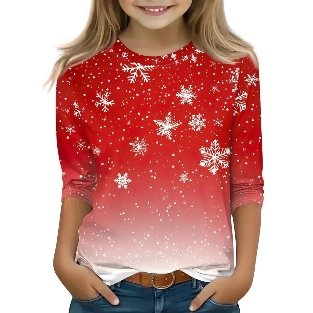 Children's 3/4 Sleeve Tops Casual Christmas Print T Shirt Round Neck Pullover Blouse