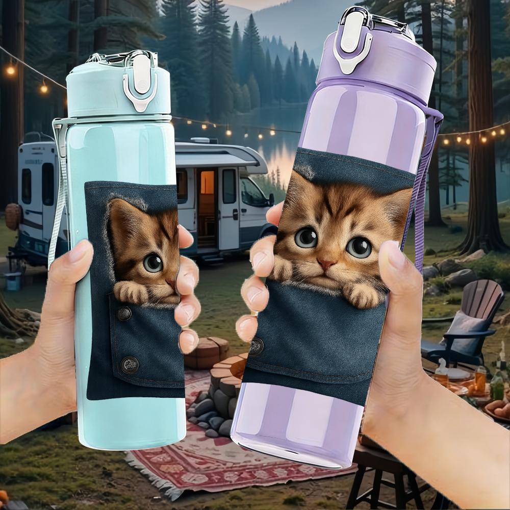 1PC Cat Peeking Canvas Bag 750ml Color Plastic Sports Water Bottle Leakproof Flip Straw Lid For Sports Office Home Use