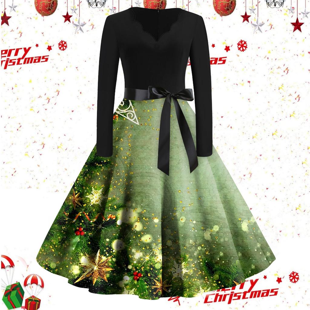 Женские повседневные модные винтажные длинные платья с длинным рукавом с рождественским принтом