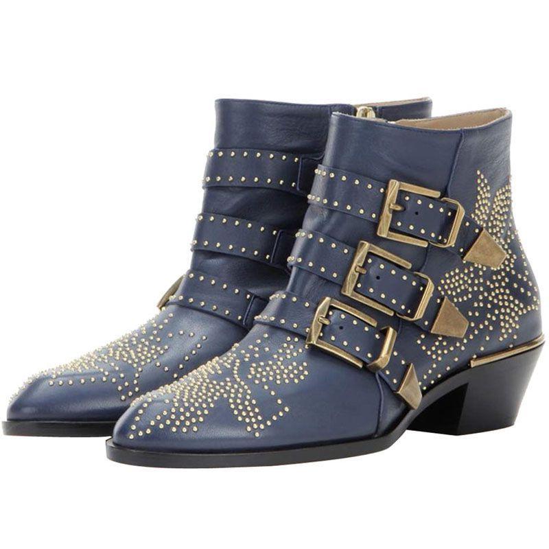 Модный бренд Подиум Заклепки Коровья кожа Короткие ботинки Осень Зима Ретро Большой размер35-45 Ботильоны 4 см Толстый каблук Рок Ночной клуб Женская обувь