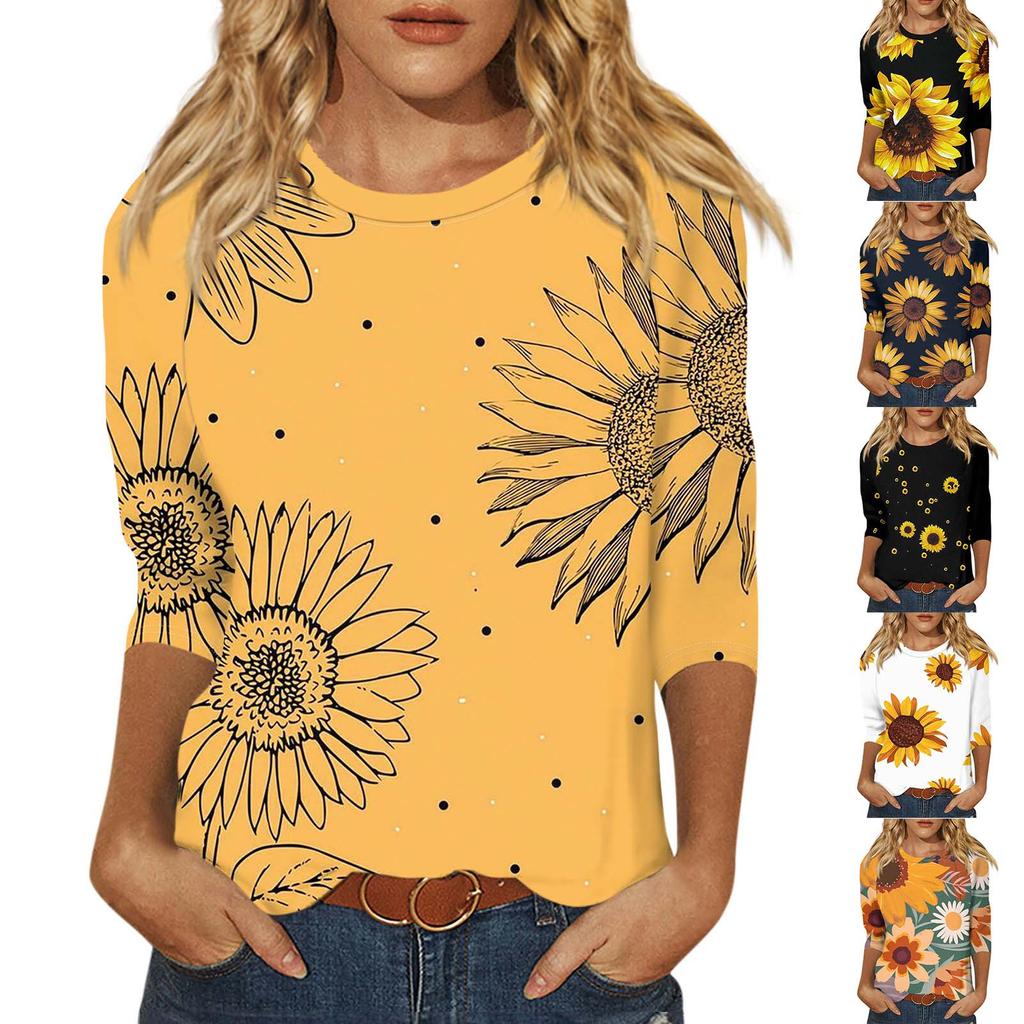 Women's Fashion Casual Printed 3/4 Raglan Sleeve Round Neck Top