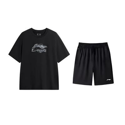 Футболка с круглым вырезом и коротким рукавом с принтом логотипа Li Ning, модная, трендовая, универсальная, шорты, повседневный спортивный костюм, костюм унисекс AHSVD57-1+AKSV843-1