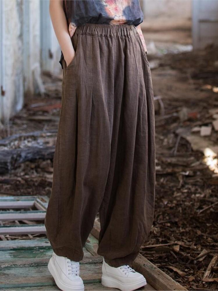 Женские свободные повседневные брюки-фонарики из ретро-рами 2023 года, новые осенне-зимние женские длинные брюки с эластичной резинкой на талии и карманами в винтажном стиле