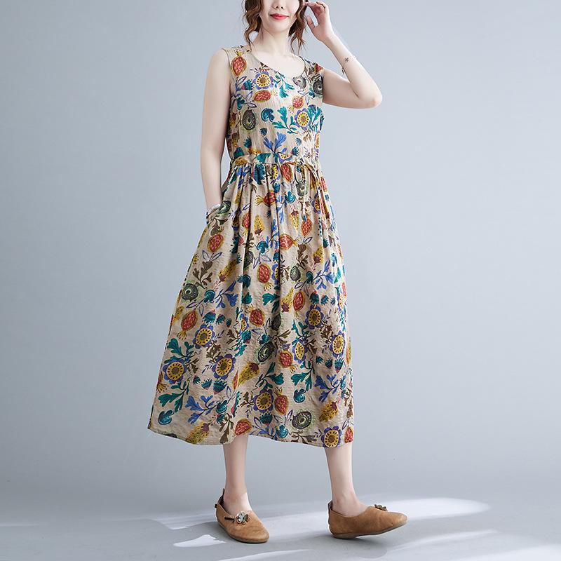 Summer Loose Cotton Linen Printed Round Neck Sleeveless Dress for Women Waist Cinched Mid Length Design Casual Dresses