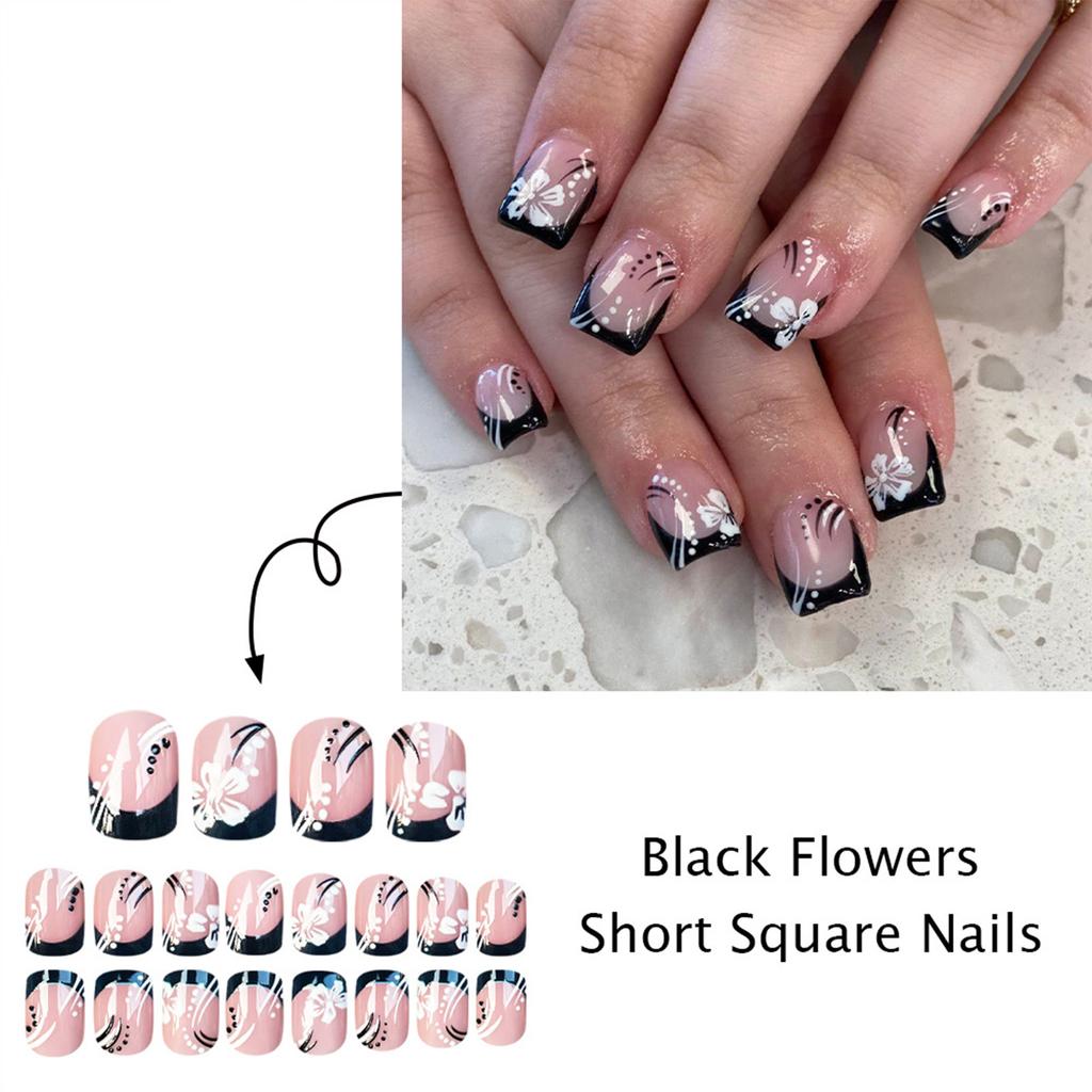 French Style Glossy Flower Nail Tips 24 Pieces Lightweight Comfortable Wear for Daily