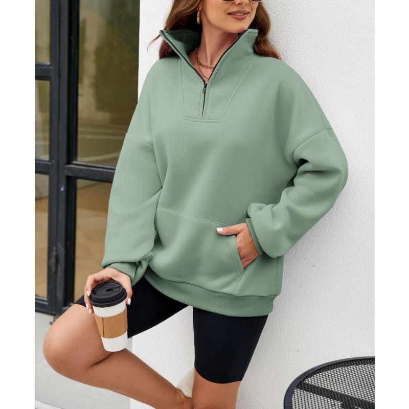 Осенне-зимняя однотонная женская свободная толстовка с воротником-стойкой на молнии