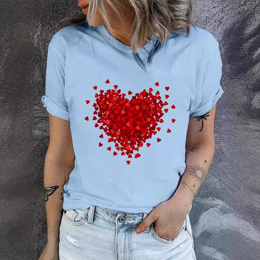 Casual Women's Short Sleeved 3D T-shirt Summer Round Neck Red Heart Printed T-shirt