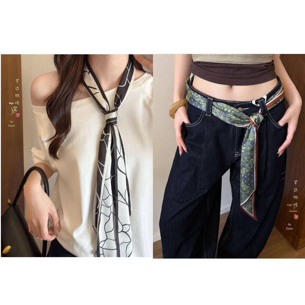 Cashmere Floral Silk Scarf: Women's Summer Thin Retro Ribbon, Neck Tie & Waist Accessory