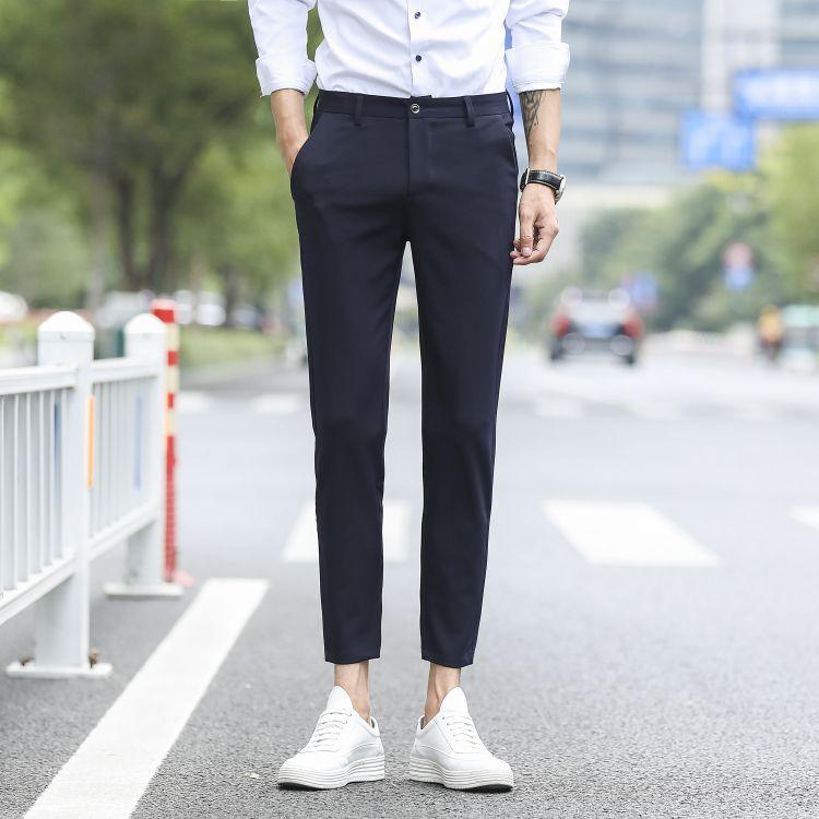 Autumn Winter Men's Casual Pants Stretch Slim Nine-point Pants Korean Trendy Black Suit Pants
