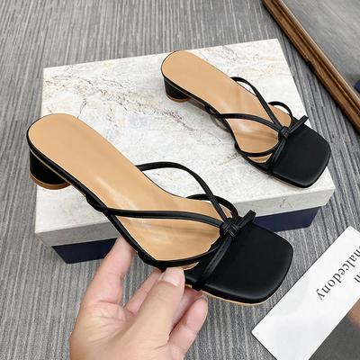 Высокие каблуки Удобные Новые Летние Однотонные Кожаные Тапочки Женская Обувь Женская Обувь Женская Мода Крутые Мюли Шлепанцы Вьетнамки
