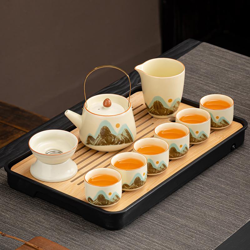 Business Gifts Ru Kiln Qingshan Tea Set Retro Light Luxury Set with Tea Tray Household Tea Souvenir