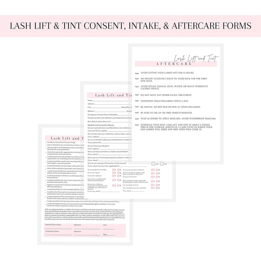 Lash Lift & Tint Consent Form, Intake Form, Aftercare Form | 75 Pack | 8.5x11" inch Paper Size Form | 25 Consent Forms, 25 Client Intake Forms, 25