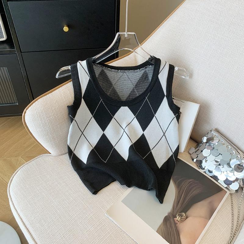Autumn Fashion Casual Argyle Knitted Sweater Vest Women Winter Retro Sleeveless Pullover Sweater Women Waistcoat Round Neck Knitwear Vests 24821