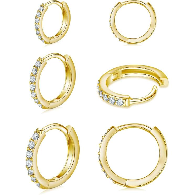 3 Pairs 925 Sterling Silver Small Hoop Earrings for Women Men | Cubic Zirconia, 14K White Gold Plated Huggie Hoop Earrings, Hypoallergenic