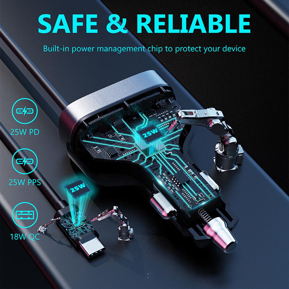Быстрое автомобильное зарядное устройство USB C, 3-быстрое автомобильное зарядное устройство Super Quic мощностью 55 Вт PD& QC3.0 со сверхбыстрым спиральным кабелем типа C мощностью 50 Вт