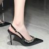 Fashion European And American Style Banquet Slim Pointed Toe Rhinestone High Heels Women Super High Heel Patent Leather Back Trip Strap