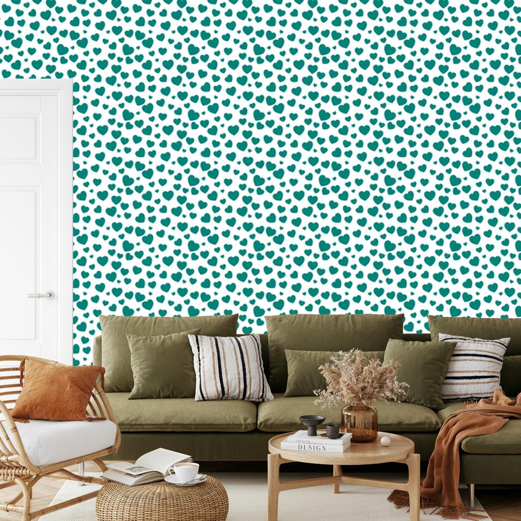 Heart Wallpaper White, Turquoise, Celadon and Mint 50x1000