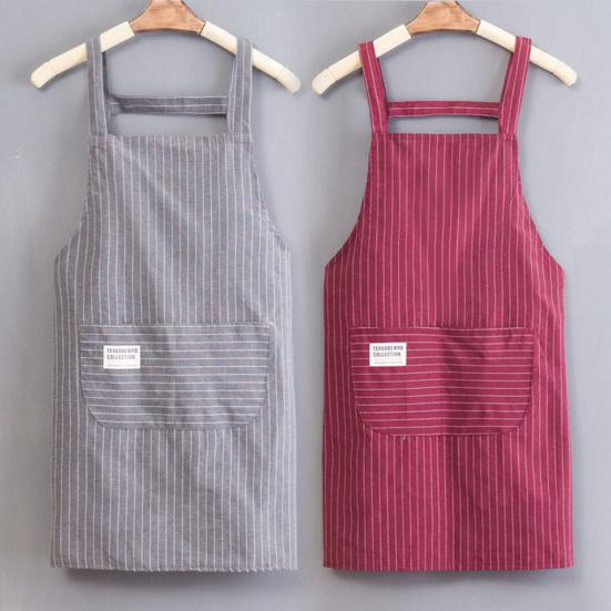 Yousheng Cooking Apron Stripe Printing Front Pocket Sleeveless Anti-dirty Kitchen Women Doing Housework Clothes Protector Apron Daily Use