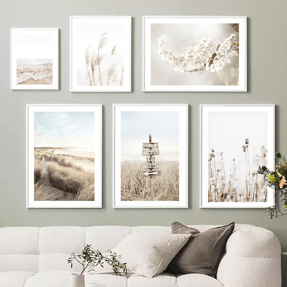 Landscape Poster Farm Grassland Cattle Road Sign Sea Wave Reed Wall Art Print Canvas Painting Wall Pictures Living Room Decor