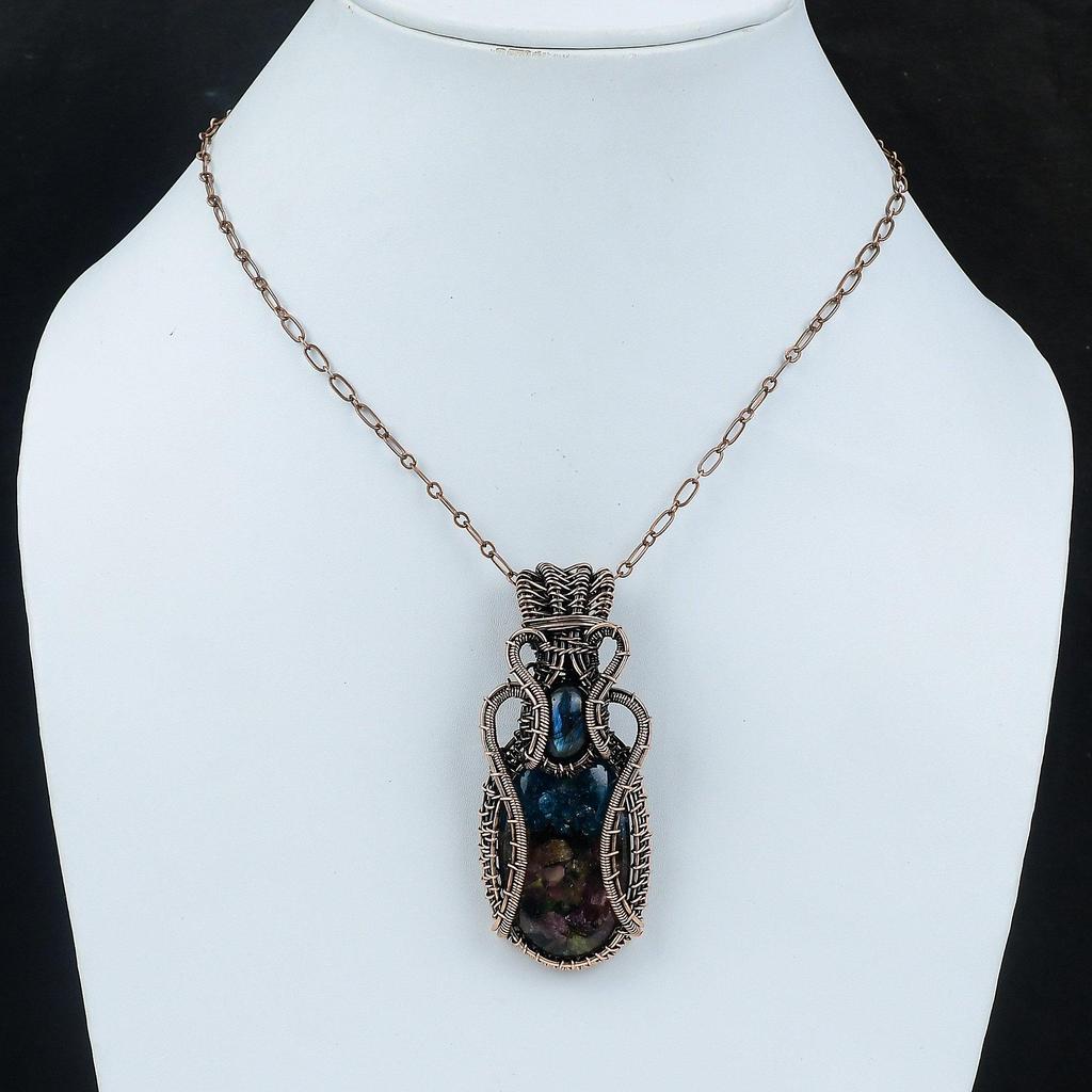 Медный кулон с драгоценным камнем Турмалин Арбузного цвета, обмотанный медной проволокой, кулон с Лабрадоритом, медные украшения, свадебный подарок, кулон ручной работы