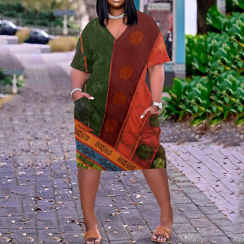 Лето плюс размер V-образным вырезом с короткими рукавами и карманами до колена с принтами повседневное платье для женщин