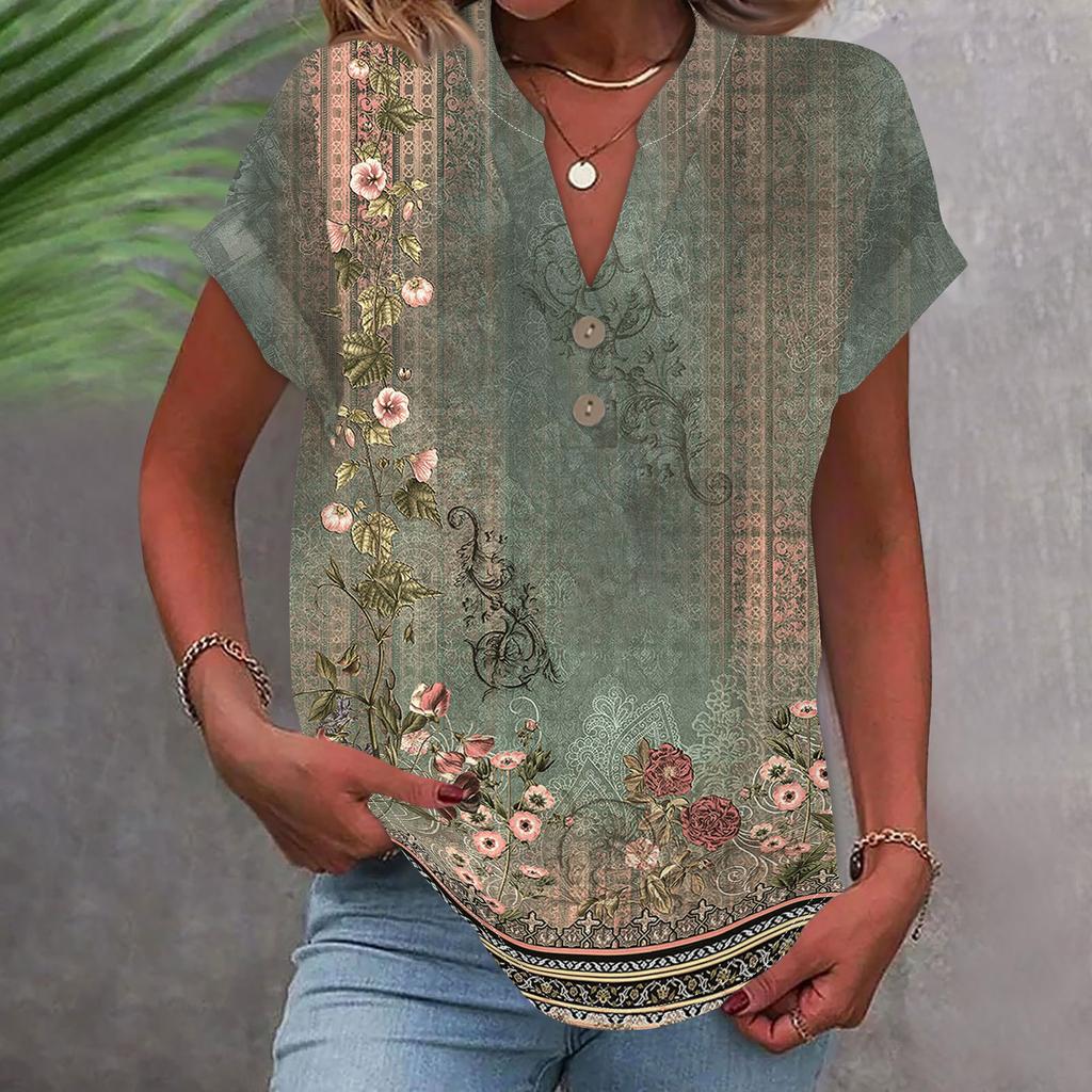 Женская модная повседневная рубашка с v-образным вырезом и коротким рукавом с принтом, футболка на пуговицах, топ