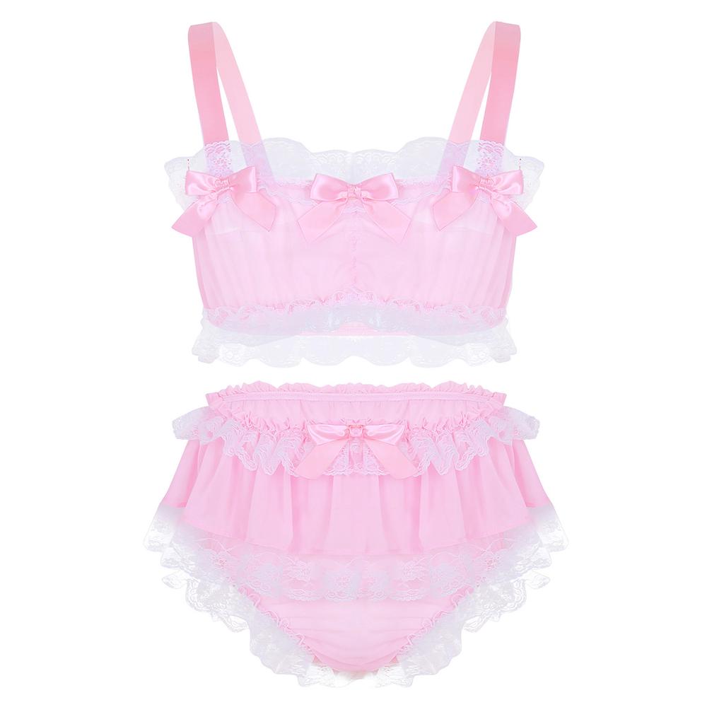 Men's Ruffled Frilly Lace Satin Sissy Lingerie Set Bra Skirted Panties Bloomer Underwear