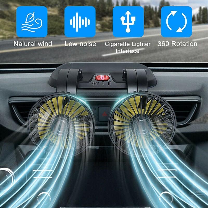 Car Plug Dual-Head Car Fan with Parking Numbers, Universal 5V/USB/12V/24V, Double-Head Rotatable Multi-Functional 2-Speed Adjustable Car Cooling Fan